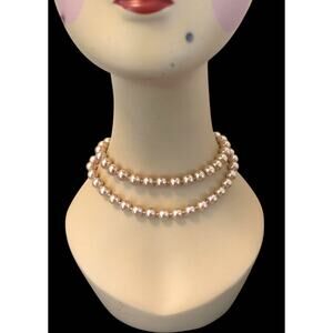 Vintage Signed CAROL LEE Faux Rose Pink Double Strand Pearl Choker Necklace EUC!